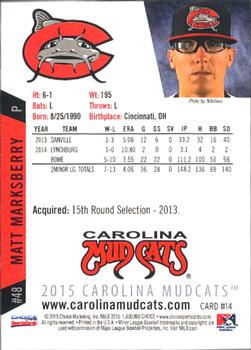 2015 Choice Carolina Mudcats #14 Matt Marksberry Back