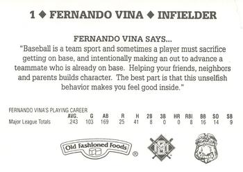1995 Milwaukee Brewers Police #NNO Fernando Vina Back
