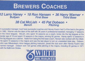 1992 Carlson Travel 1982 Milwaukee Brewers #NNO Larry Haney / Ron Hansen / Harry Warner / Cal McLish / Pat Dobson Back