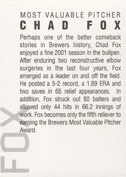 2002 Milwaukee Brewers Diamond Celebration #NNO Chad Fox Back