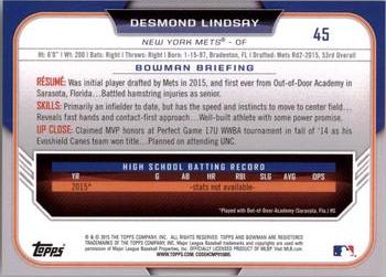 2015 Bowman Draft #45 Desmond Lindsay Back