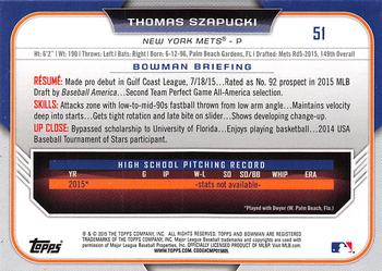 2015 Bowman Draft #51 Thomas Szapucki Back