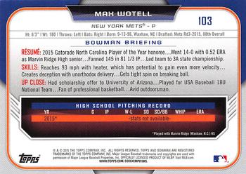 2015 Bowman Draft #103 Max Wotell Back