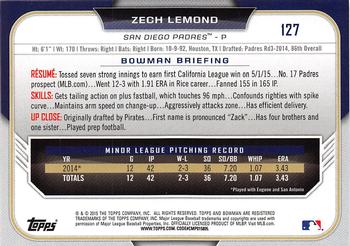 2015 Bowman Draft #127 Zech Lemond Back