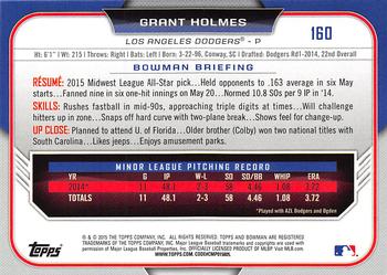 2015 Bowman Draft #160 Grant Holmes Back