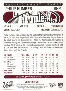 2007 MultiAd Pacific Coast League Top Prospects #18 Philip Humber Back