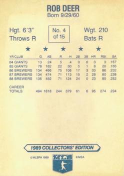 1989 Gardner's Milwaukee Brewers #4 Rob Deer Back