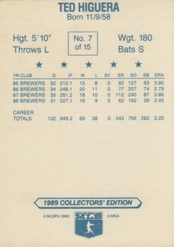 1989 Gardner's Milwaukee Brewers #7 Ted Higuera Back
