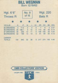 1989 Gardner's Milwaukee Brewers #9 Bill Wegman Back