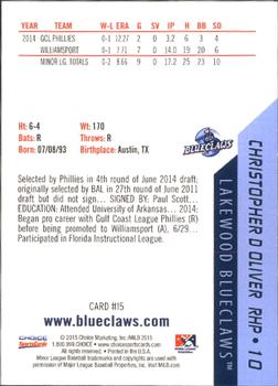 2015 Choice Lakewood BlueClaws #15 Chris Oliver Back