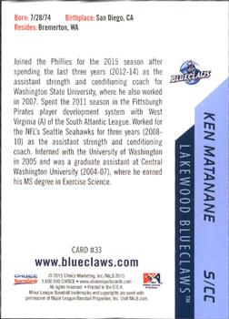 2015 Choice Lakewood BlueClaws #33 Ken Matanane Back
