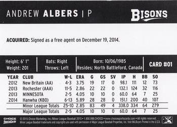 2015 Choice Buffalo Bisons #1 Andrew Albers Back