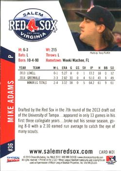 2015 Choice Salem Red Sox #1 Mike Adams Back