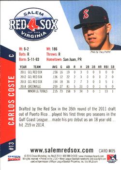 2015 Choice Salem Red Sox #5 Carlos Coste Back