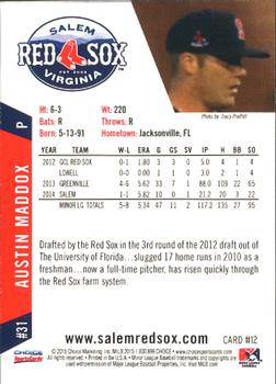 2015 Choice Salem Red Sox #12 Austin Maddox Back