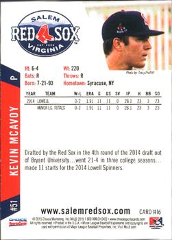 2015 Choice Salem Red Sox #16 Kevin McAvoy Back
