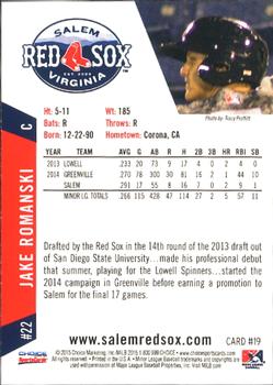 2015 Choice Salem Red Sox #19 Jake Romanski Back