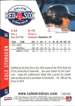 2015 Choice Salem Red Sox #21 Cole Sturgeon Back