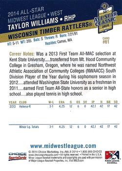 2014 Choice Midwest League All-Star #61 Taylor Williams Back