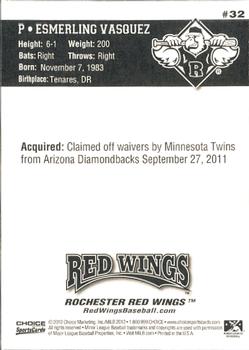 2012 Choice Rochester Red Wings #32 Esmerling Vasquez Back