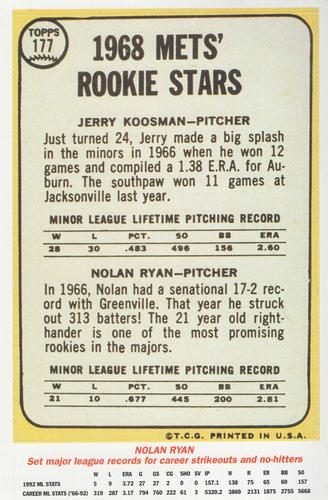 1993 Topps Magazine Jumbo Rookies #3 Mets 1968 Rookie Stars (Jerry Koosman / Nolan Ryan) Back