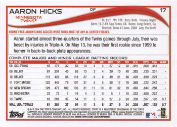 2014 Topps Opening Day - Purple #17 Aaron Hicks Back