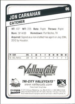 2013 Choice Tri-City ValleyCats #5 Jon Carnahan Back