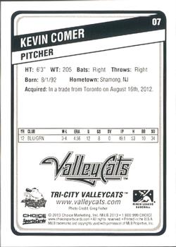 2013 Choice Tri-City ValleyCats #7 Kevin Comer Back