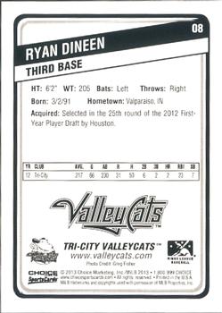 2013 Choice Tri-City ValleyCats #8 Ryan Dineen Back