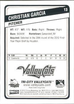 2013 Choice Tri-City ValleyCats #13 Christian Garcia Back