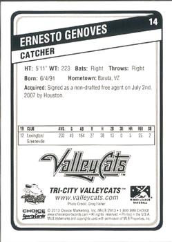 2013 Choice Tri-City ValleyCats #14 Ernesto Genoves Back