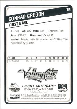 2013 Choice Tri-City ValleyCats #15 Conrad Gregor Back