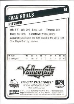 2013 Choice Tri-City ValleyCats #16 Evan Grills Back
