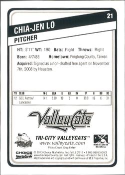 2013 Choice Tri-City ValleyCats #21 Chia-Jen Lo Back