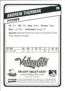 2013 Choice Tri-City ValleyCats #28 Andrew Thurman Back