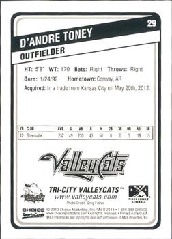 2013 Choice Tri-City ValleyCats #29 D'Andre Toney Back