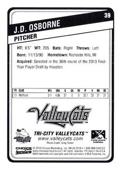 2013 Choice Tri-City ValleyCats Update #39 J.D. Osborne Back
