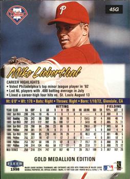 1998 Ultra - Gold Medallion #45G Mike Lieberthal Back