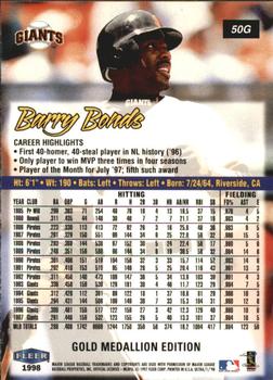 1998 Ultra - Gold Medallion #50G Barry Bonds Back