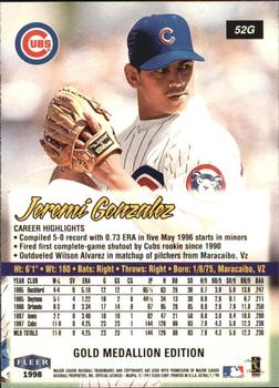1998 Ultra - Gold Medallion #52G Jeremi Gonzalez Back