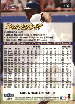 1998 Ultra - Gold Medallion #61G Fred McGriff Back