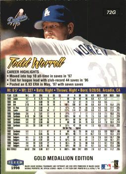 1998 Ultra - Gold Medallion #72G Todd Worrell Back