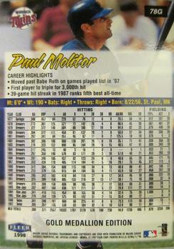 1998 Ultra - Gold Medallion #78G Paul Molitor Back