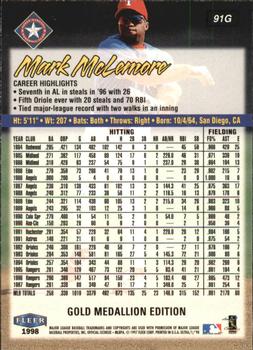 1998 Ultra - Gold Medallion #91G Mark McLemore Back