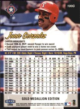 1998 Ultra - Gold Medallion #100G Juan Gonzalez Back
