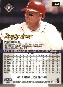 1998 Ultra - Gold Medallion #151G Rusty Greer Back