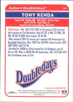 2012 Grandstand Auburn Doubledays #29 Tony Renda Back