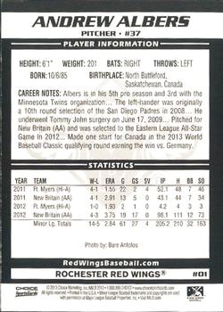 2013 Choice Rochester Red Wings #01 Andrew Albers Back