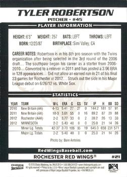 2013 Choice Rochester Red Wings #21 Tyler Robertson Back