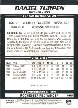 2013 Choice Rochester Red Wings #25 Daniel Turpen Back